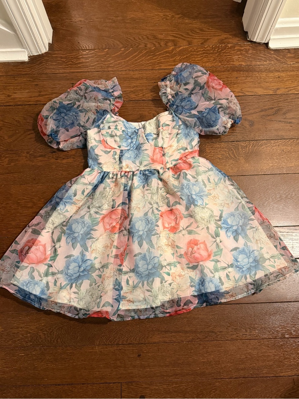 SHEIN Floral Puff Sleeve Party Dress in Blue & Pink